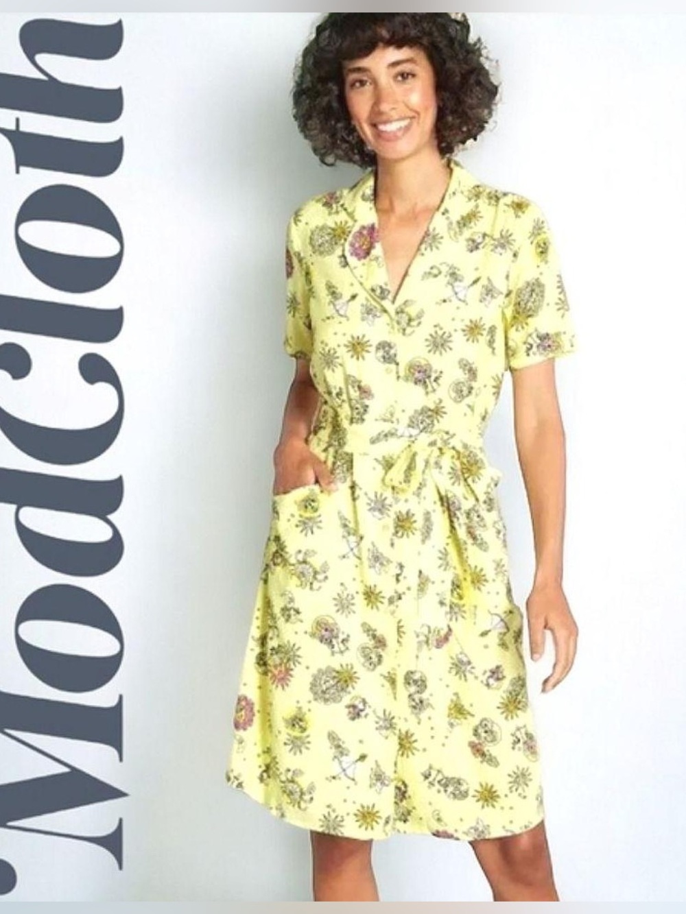 ModCloth Yellow Celestial Astrology Shirt Dress Zodiac Sun Moon Whimsigoth Sz M - Picture 2 of 16